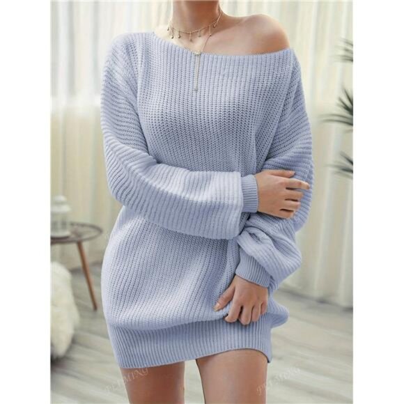 Off Shoulder Solid Color Casual Loose Sweater Dress - Picture 3 of 3